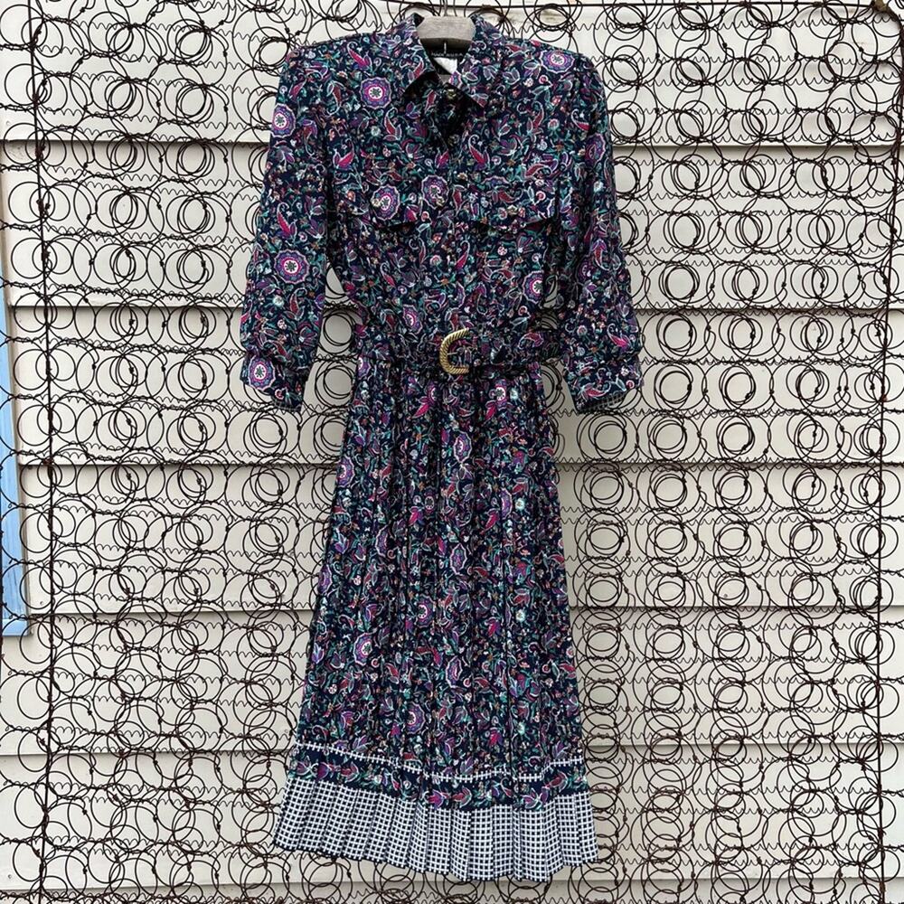 Vintage 80s Breli Floral Paisley Accordion Pleat Dress with Matching Belt